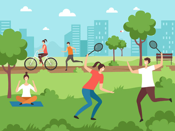 Outdoor sport activities. Fitness people making some exercises in park outdoor vector couples. Illustration of park fitness, people exercise outdoor