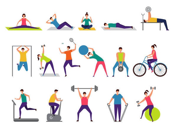 Sport activities. Active people making fitness actions running jumping playing cycling vector characters. Illustration of people workout, activity training, fitness and stretching