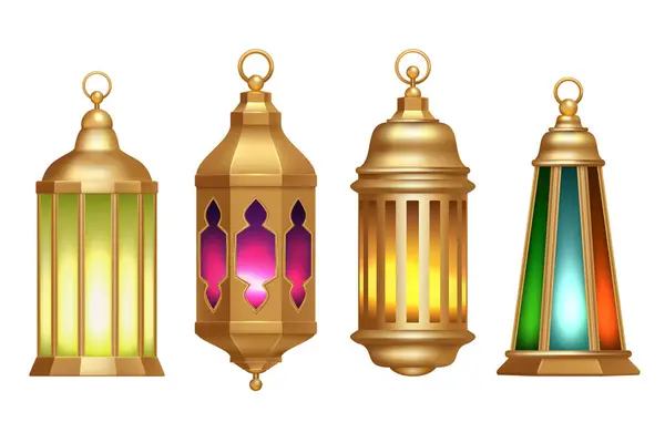 Ramazan Fenerleri Müslüman Slami Vintage Lambalar Gerçekçi Vektör Çizimler Beyaz — Stok Vektör