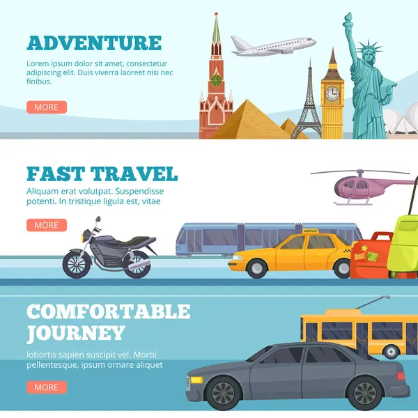 Reisefahnen Globus Abenteuer Transport Reisende Wahrzeichen London Paris New York — Stockvektor