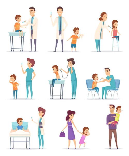 Vacinação Crianças Hospital Com Médico Fazendo Meninas Injeção Meninos Ilustrações — Vetor de Stock