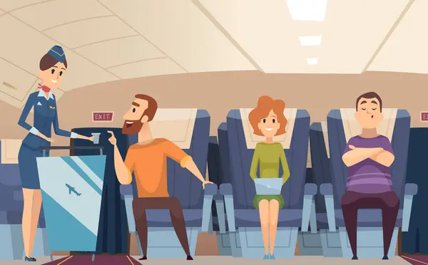 阿维亚乘客登机空姐提供食物坐在飞机板矢量卡通背景的坐人 飞机空姐 专业女主人运输的插图 — 图库矢量图片