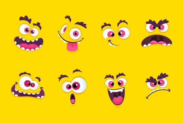 卡通脸 情绪微笑的表情 微笑的嘴与牙齿和害怕的眼睛字符矢量收集 面部情感集插图 — 图库矢量图片