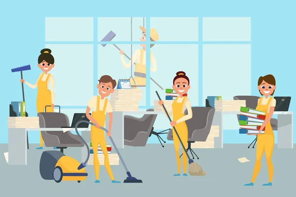 Reinigungspersonal Büro Vektor Illustration Haushaltsteam Bürowäsche Und Sauberkeit — Stockvektor
