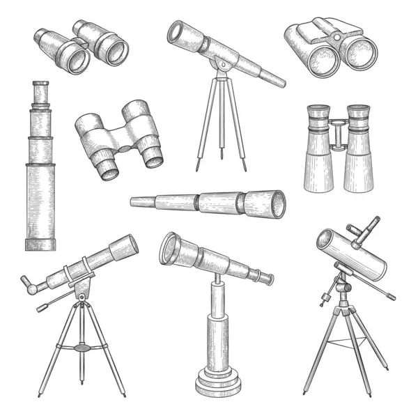 Doodle Binocular Equipo Explorer Para Viajeros Telescopio Binocular Óptica Militar — Archivo Imágenes Vectoriales