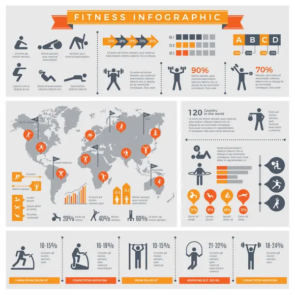 Инфографика Фитнеса Спортивный Образ Жизни Здоровые Люди Делают Упражнения Тренажерном — стоковый вектор