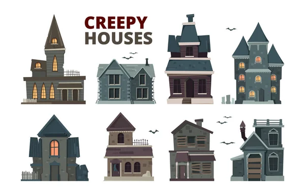 Horror house. Halloween scary gothic village buildings with spooky vector pictures set. House building halloween, horror window and exterior illustration