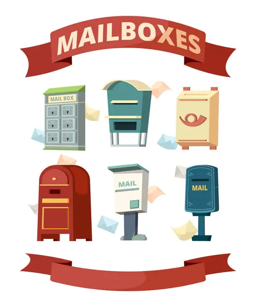 Mail Boxes Containers Post Letters Vector Illustrations Set Post Container — Stock Vector