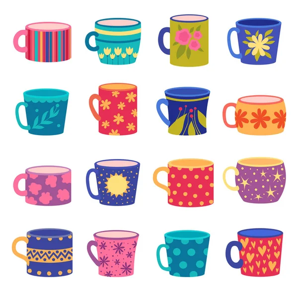 オーナメントカップ 花や幾何学的なテクスチャが描かれたベクトルセットとトレンディな便利な手作りの色のカップ 色柄のコーヒーやお茶のイラストカップ — ストックベクタ