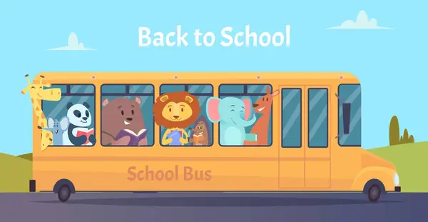 スクールバス動物園の動物は 黄色のバスベクトル学習教育の概念に学校に戻って文字 動物が運転するスクールバスが教育イラストへ — ストックベクタ