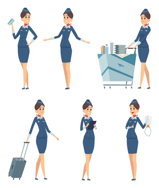 Stewardess Woman Hostess Professional Blue Uniform Boarding Airplane Girl Vector — Stock Vector