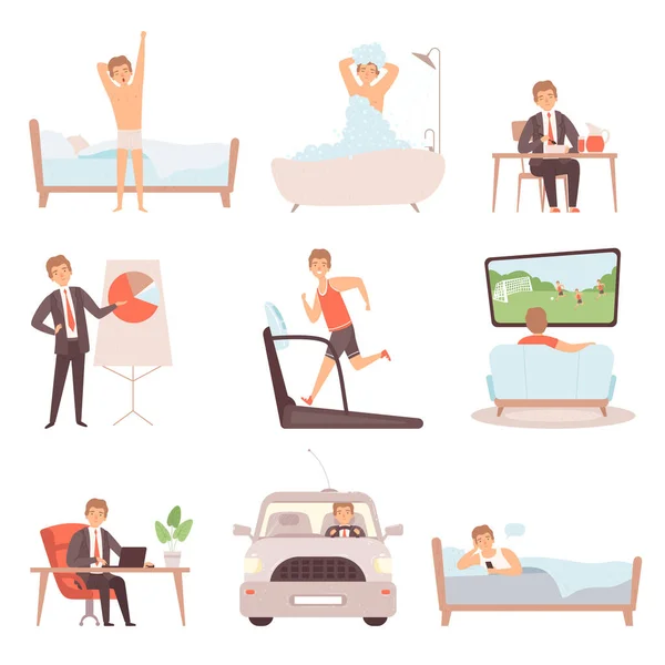 Active Man Daily Routine Lifestyle Everyday Businessmen Work Busy People — Stock Vector