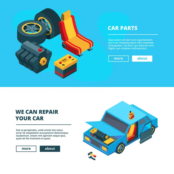 Car parts banners. Auto service with specific tools transmission engine gear wheels accumulator batteries vector isometric collection. Car service, accumulator and transmission illustration