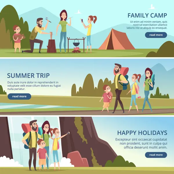 Family Hiking Banners Kids Parents Camping Outdoor Explorers Mountain Walking — Stock Vector