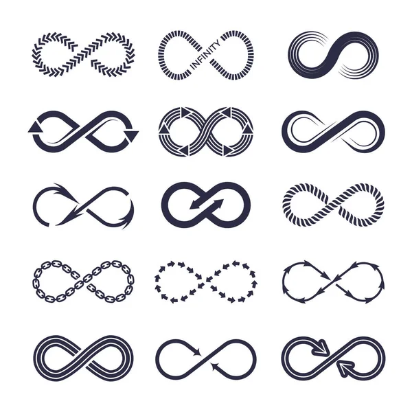 Evighets Symboler Vektor Svartvit Ikon Samling Infinity Logotyper Illustration Oändlig — Stock vektor
