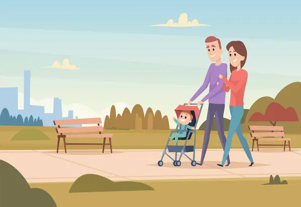 Happy family. Mother and father with children love family couple outdoor playing with kids boys and girls vector characters. Illustration of people parent mother and father with kid