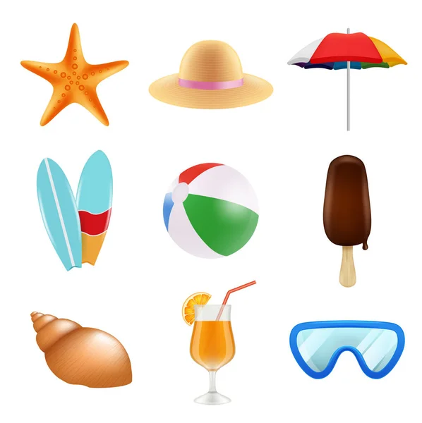 Summer Odjects Isolate Realistic Icons Summer Time Summer Travel Ball — Stock Vector