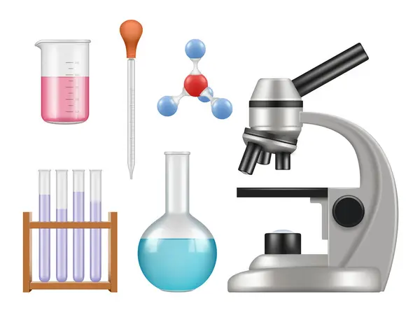 Chemische Lab Items Wetenschap Laboratorium Collectie Flessen Microscoop Glazen Buizen — Stockvector