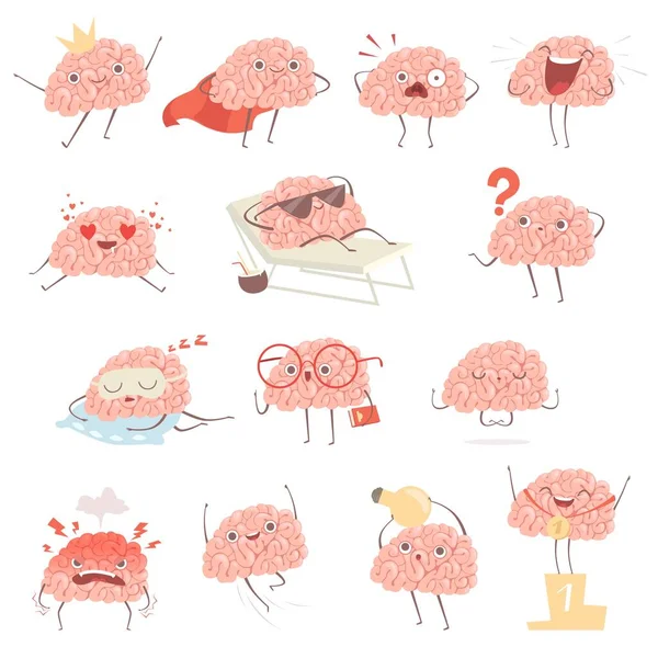 Brain cartoon. Happy cartoon mascot in action poses walking sleeping making exercises vector illustrations. Mascot brain funny and happy