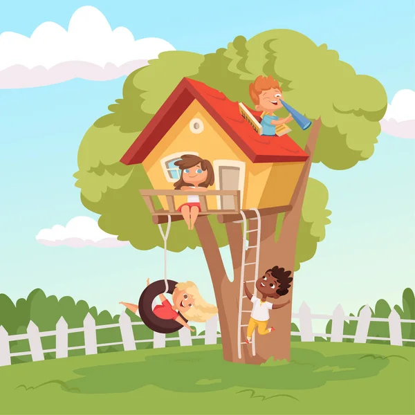 Maison Sur Arbre Enfants Mignons Jouant Dans Jardin Nature Escalade — Image vectorielle