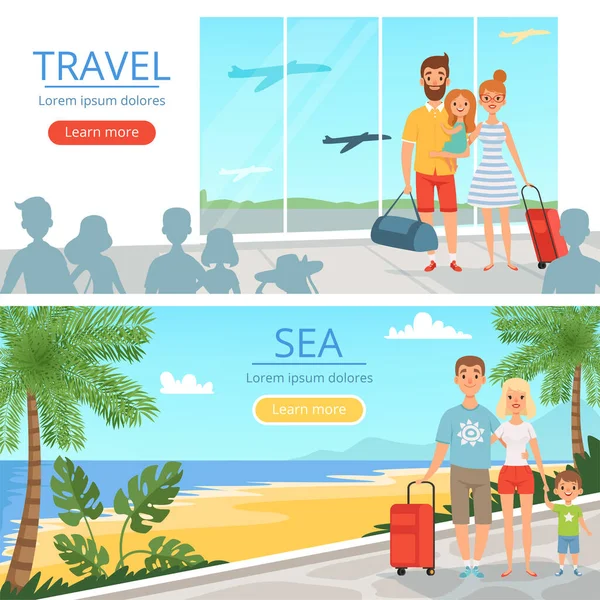 Familie Macht Urlaub Menschen Flughafen Vektorbanner Mit Illustrationen Von Reisekonzepten — Stockvektor