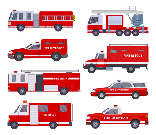 Fire engine. Collection with red emergency department lighting service van helicopter vector vehicles. Illustration of emergency firetruck with siren