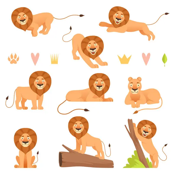 Lion cartoon. Wild running yellow fur animal king hunter safari cute lions pride vector characters collection. Safari mammal lion, mascot leo, carnivore predator illustration