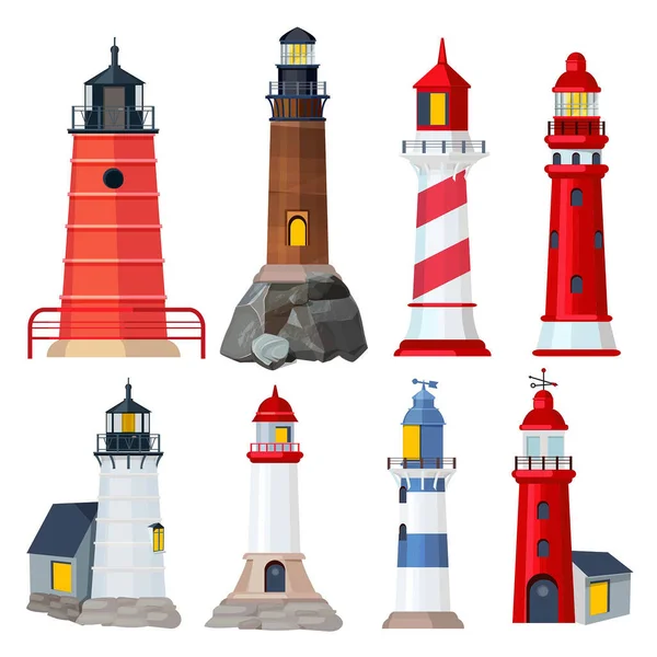 Lighthouses Collection Night Sailing Building Seaport Security Searchlights Vector Illustrations — Stock Vector