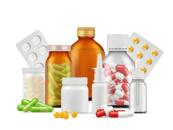 Medical Bottles Pills Medications Aspirin Antibiotic Drugs Tablets Vector Realistic — Stock Vector