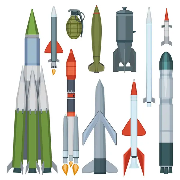 Colección Misiles Defensa Armadura Vuelo Armas Militares Vector Conjunto Dibujos — Vector de stock