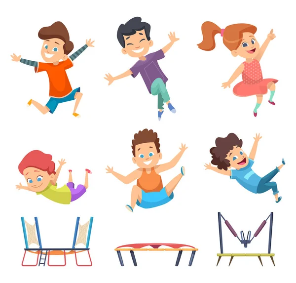 Miúdos Trampolim Playground Crianças Ativos Jogos Salto Personagens Vetores Estilo — Vetor de Stock