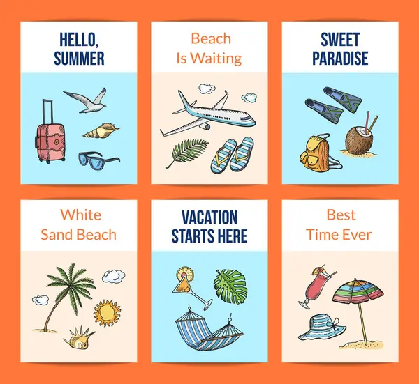 Vector Hand Drawn Summer Travel Elements Card Templates Set Illustration — Stock Vector
