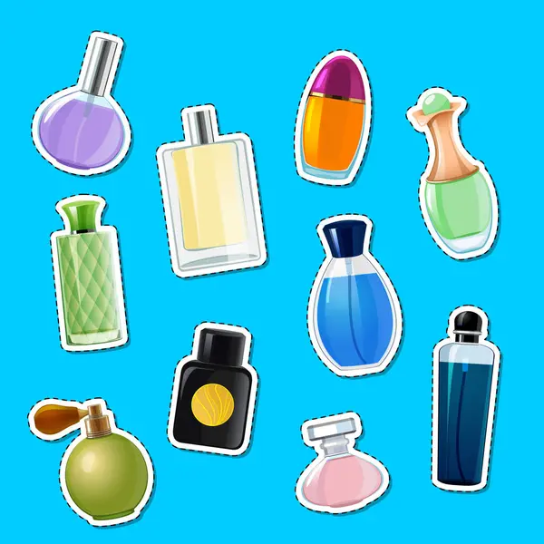 Vector Frascos Perfume Pegatinas Ilustración Conjunto Aislado Sobre Fondo Azul — Vector de stock