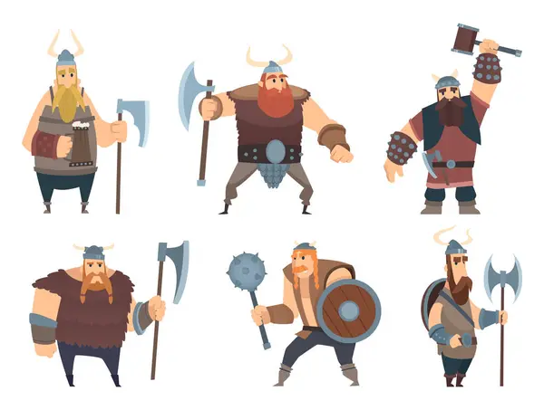 Personagens Vikings Guerreiros Nórdicos Medievais Pessoas Militares Vetor Mascotes Desenhos — Vetor de Stock