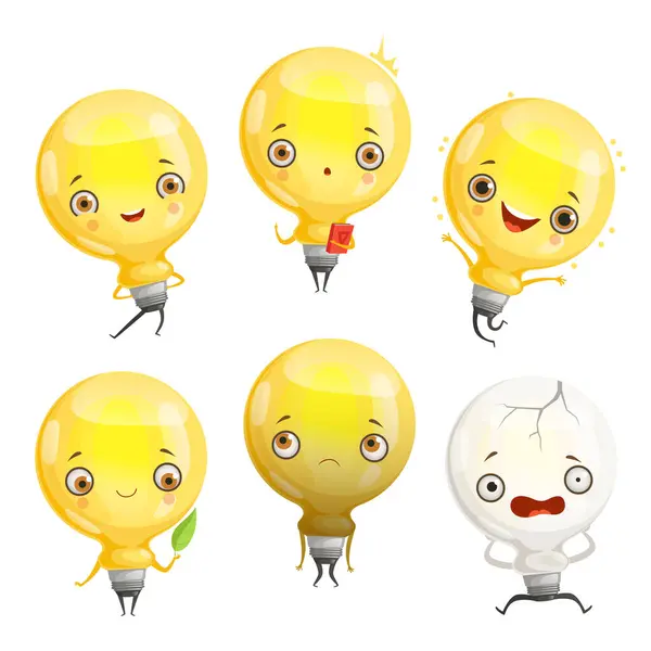 Personaggi Delle Lampadine Cartoon Lampada Mascotte Pose Dinamiche Divertenti Emozioni — Vettoriale Stock