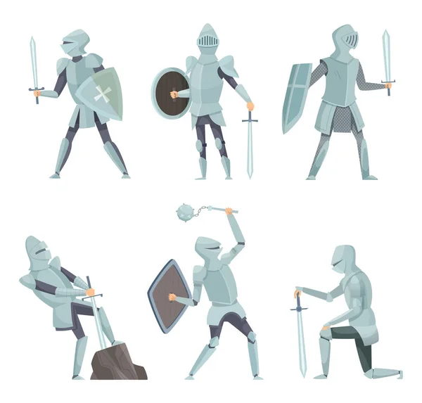 Cartoon Knights Medieval Warrior Horse Vector Cartoon Characters Action Poses — Stock Vector