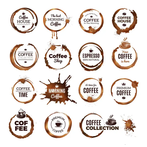 Abzeichen Für Kaffeeringe Etiketten Mit Schmutzigen Kreisen Aus Tee Oder — Stockvektor