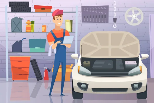 Mecânico Garagem Auto Homem Serviço Reparação Reparação Veículo Vector Cartoon Vetores De Bancos De Imagens