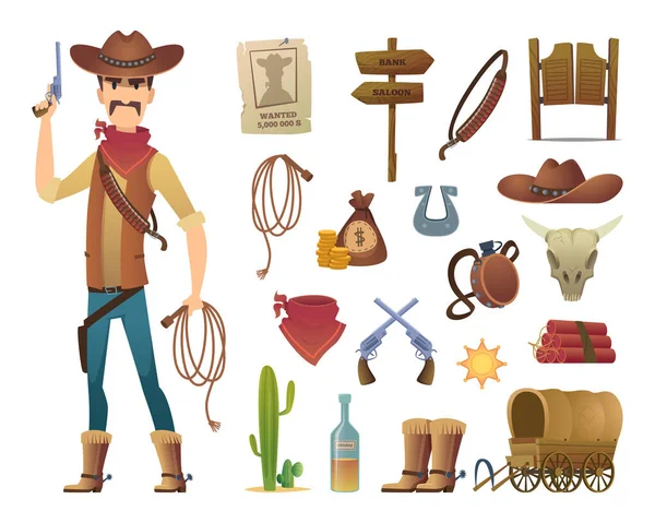 Desenhos Animados Oeste Selvagem Saloon Cowboy Ocidental Lasso Símbolos Vetoriais Vetores De Bancos De Imagens
