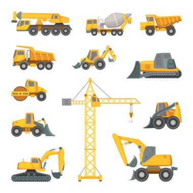 Heavy construction machines. Excavator, bulldozer and other technique. Vector illustrations in cartoon style. Bulldozer and digger equipment machine clipart
