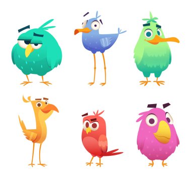 Karikatür komik kuşlar. Sevimli hayvanlar renkli bebek yüzleri mutlu kuşlar Kartallar. Vektörel clipart karakter izole. Hayvan kuş mutlu, karakter komik farklı illüstrasyon