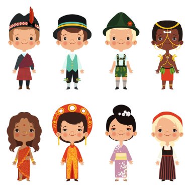 Mutlu çocuklar çeşitli milletlerden. Kız ve erkek Milliyet, insanlar çocuk Asya etnik elbise. Vektör çizim