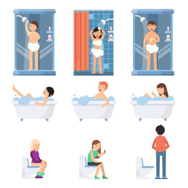 Farklı komik insanlar banyoda duş. Düz stil vektör resimleri. Banyo ve duş, erkek ya da kadın illüstrasyon banyo köpüğü içinde
