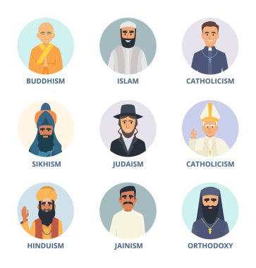 Yuvarlak avatarlar din liderleri resimleri ile ayarlayın. Din Sihizm ve Yahudilik, Budizm ve Ortodoksluk. Vecto illüstrasyon