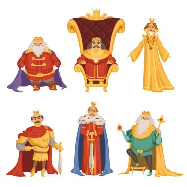 Kral'ın çizimler karikatür tarzı ayarlayın. Vektör Ortaçağ hükümdar veya Prens, lord veya cetvel karakter