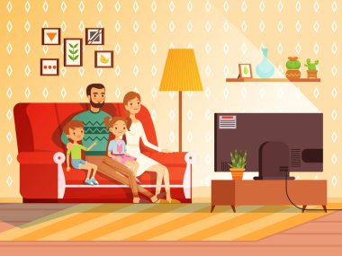 Modern aile yaşam tarzı. Anne, baba ve çocuk tv izliyor. Aile Baba Anne ve çocuk tv seyretmek. Vektör çizim