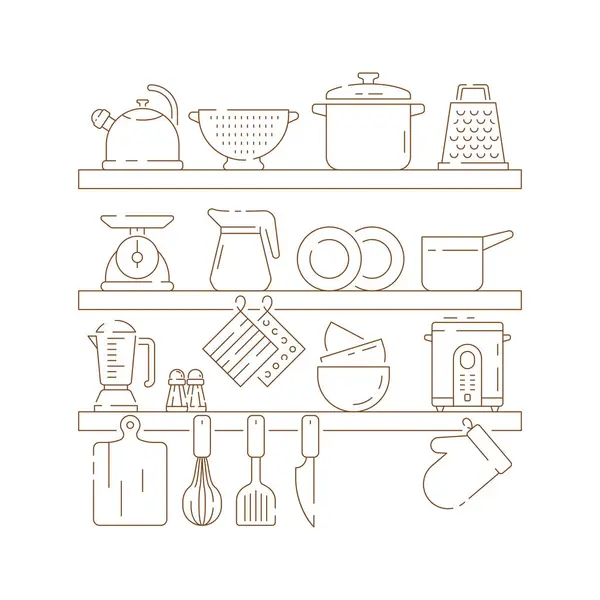 台所の棚 調理アイテム ポット スプーン フォーク ナイフ鍋ベクトル薄い線形成分です 料理鍋と機器の台所用品のイラスト — ストックベクタ