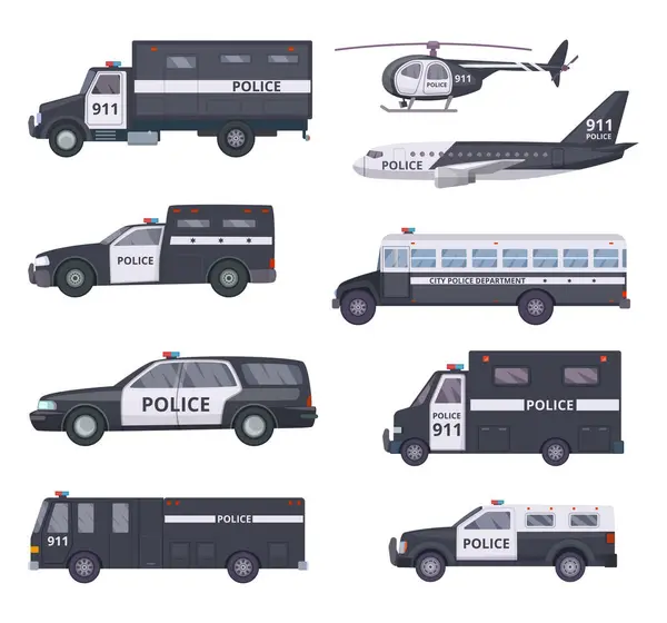 Polis Arabaları Araç Koruma Hizmetleri Otomobil Ulaşım Vektör Polis Otomobil — Stok Vektör