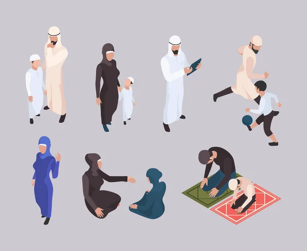 Familia Arabă Isometric Est Oameni Hijab Haine Tradiționale Musulmane Garish — Vector de stoc