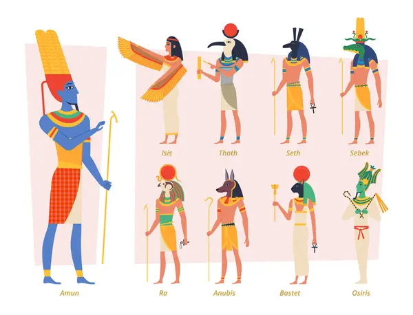 Ancient Egypt Gods Pharaoh Anubis Osiris Egyptian People Vector Authentic — Stock Vector
